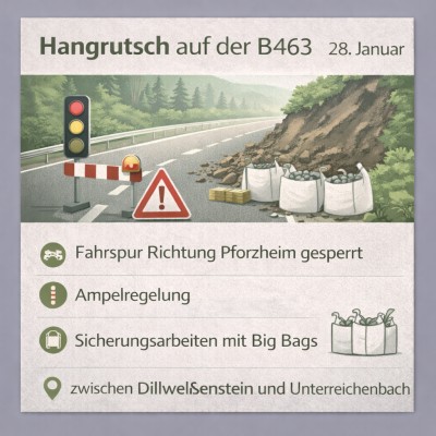Hangrutsch auf B463 bei Dillweißenstein sorgt für Verkehrseinschränkungen