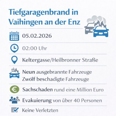 Tiefgaragenbrand in Vaihingen an der Enz verursacht Millionenschaden